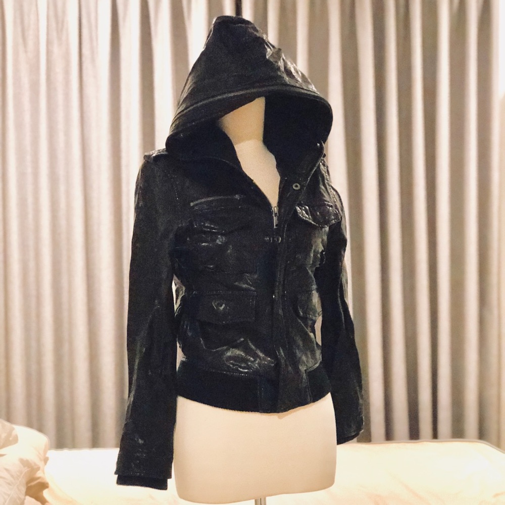 Black Leather Zippered Jacket with Hoodie Size S